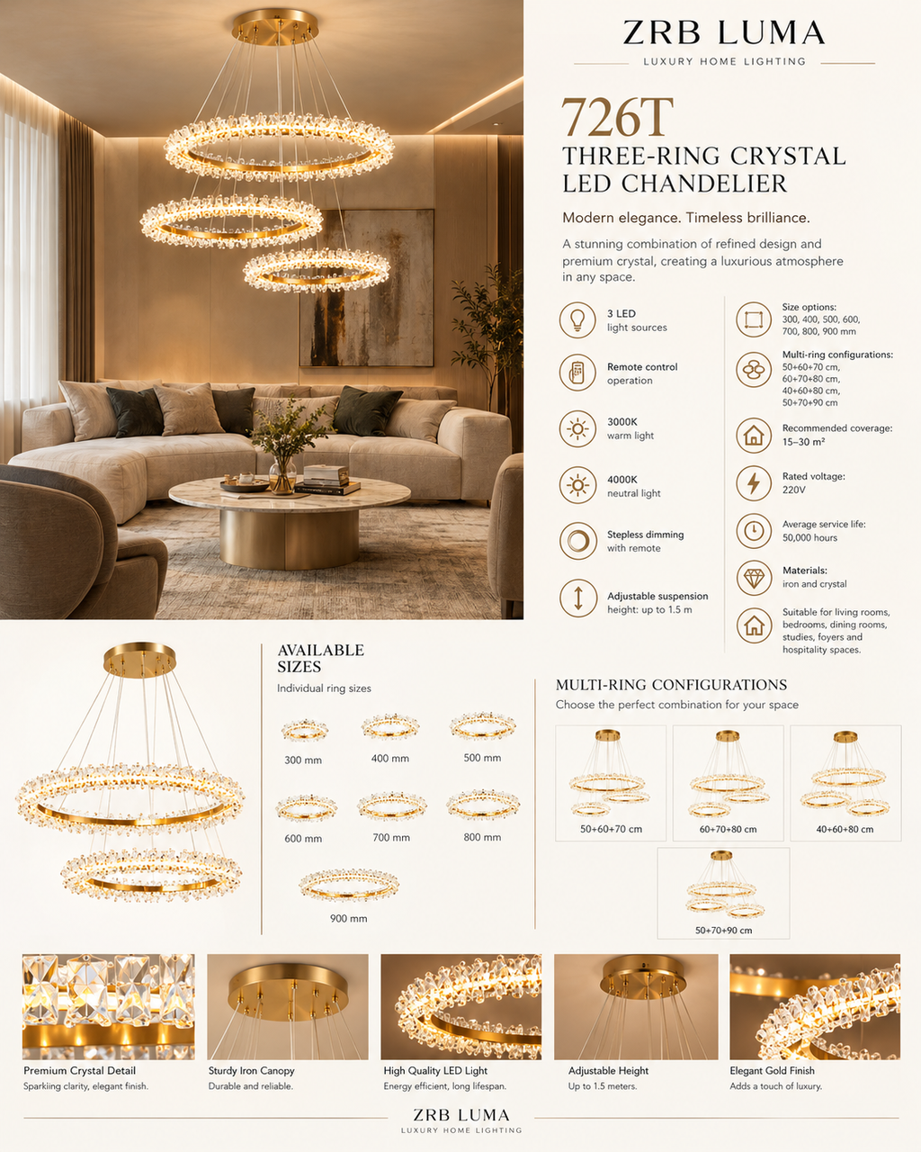 Regina | Gold Crystal LED Chandelier with Remote Control | ZRB LUMA