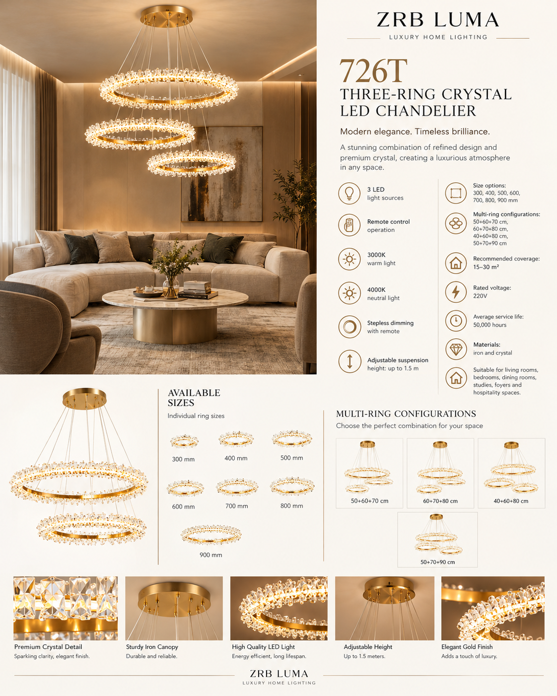 Regina | Gold Crystal LED Chandelier with Remote Control | ZRB LUMA